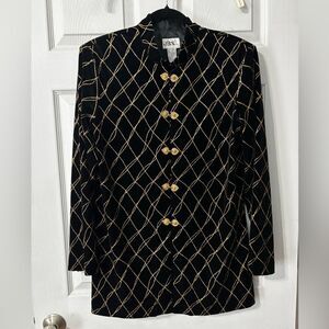 JBS Blazer Jacket 14 Black Velvet Gold Accents Evening Wear NYE Holiday Party